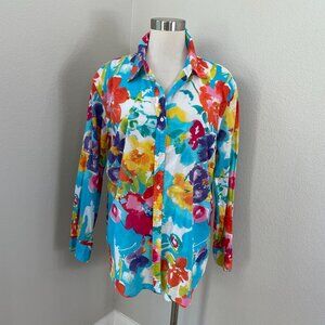 Lauren Ralph Lauren Womens Plus 18W Button Up Floral Shirt Long Sleeve Colorful